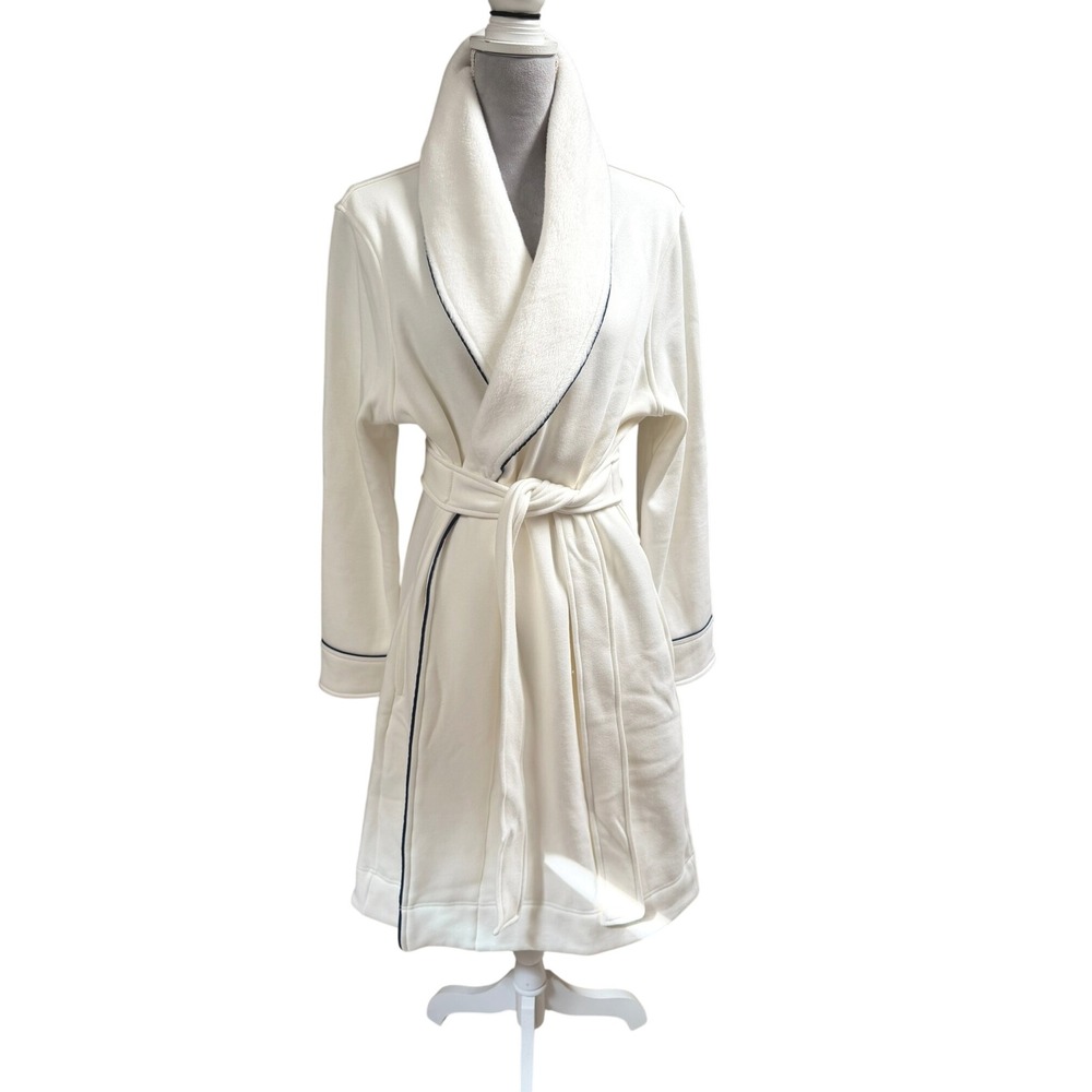 LAKE Pajamas White Cotton Cozy Soft Fleece Lined Navy Piping Robe Size L